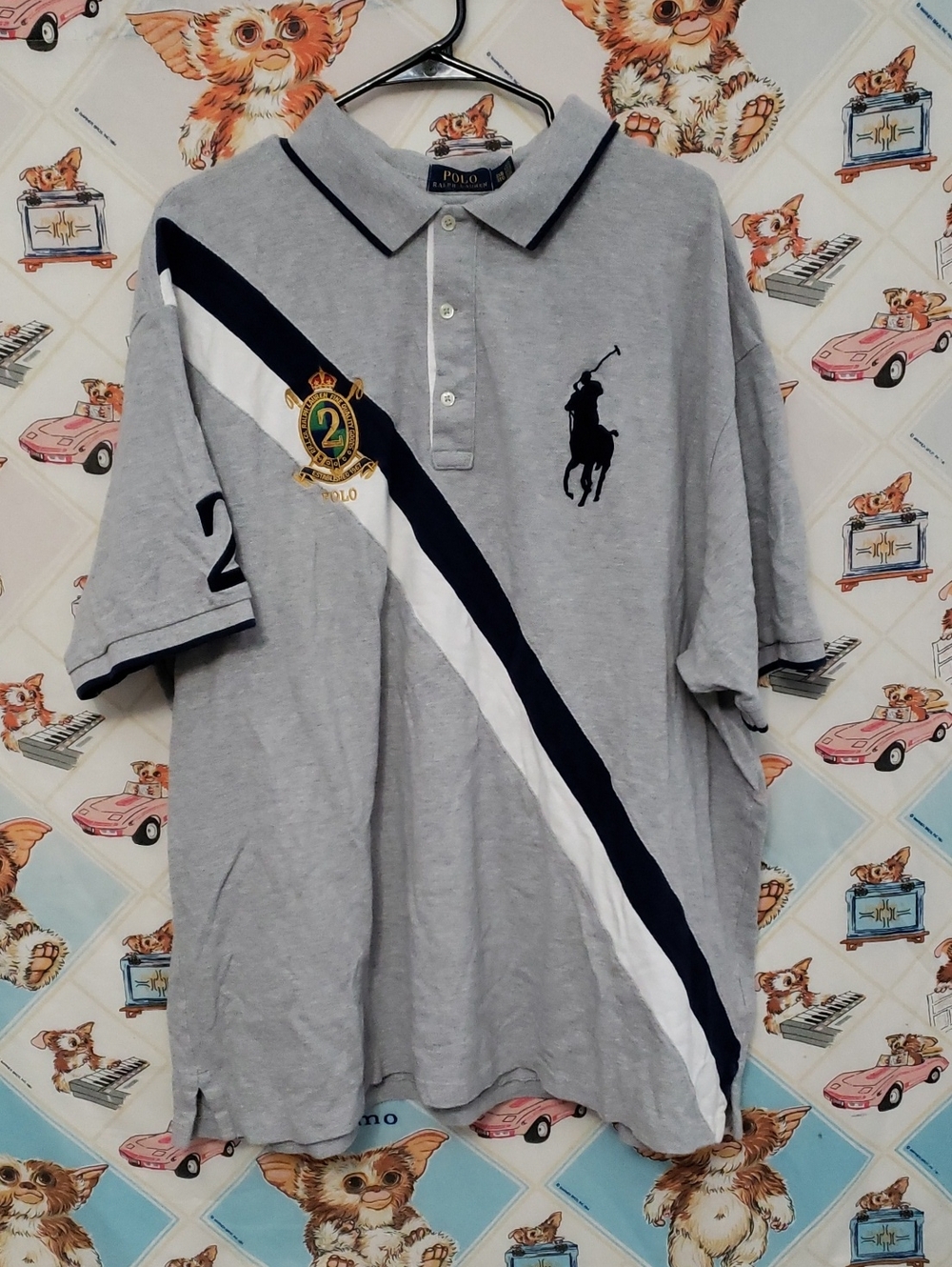 Ralph Lauren Light Gray Polo with Navy and White Diagonal Stripe Rugby Big Pony